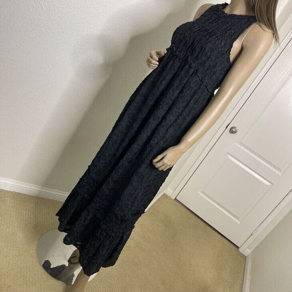 Club Monaco Dress Size 2 Tank Maxi Long Jacquard Woven Black Sleeveless Smocked - Picture 10 of 14